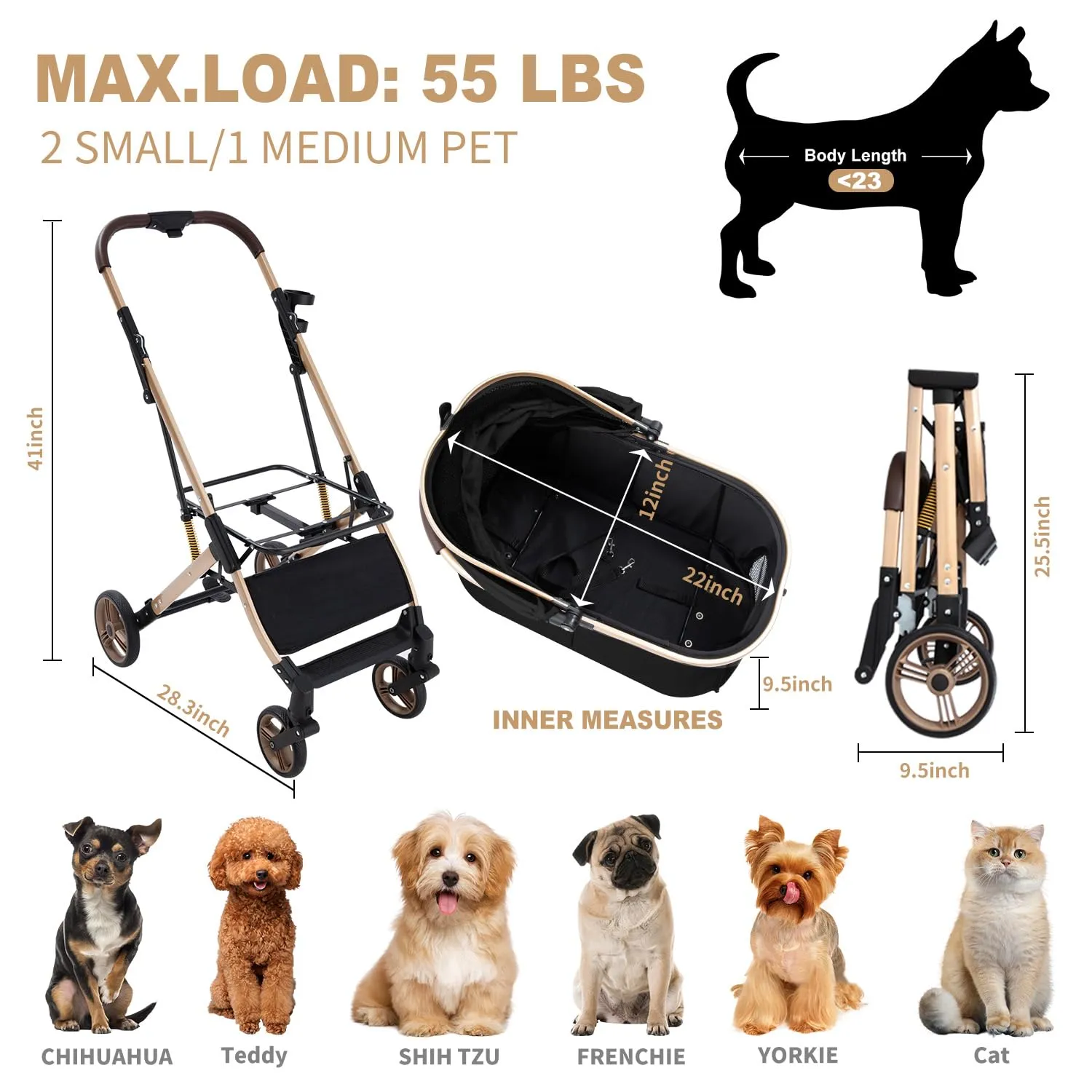 3 in 1 Multifunctional Pet Stroller with Detachable Travel Carrier,Zip Large Space Aluminum Dog Stroller for Small/Medium Dog/Cats up to 55 LBS,One-Touch Foldable Cat Strollers for 2 Cats (Black)