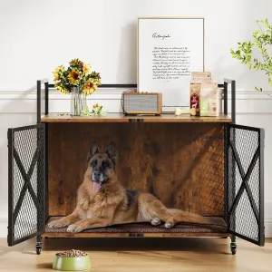 31 Inch Dog Crate Furniture, Heavy Duty Dog Kennel Table with 360 Swivel Wheels, Double Doors, 4 Latches, Vintage Farmhouse Dog House End Table for Large, Medium and Small Dogs, Brown