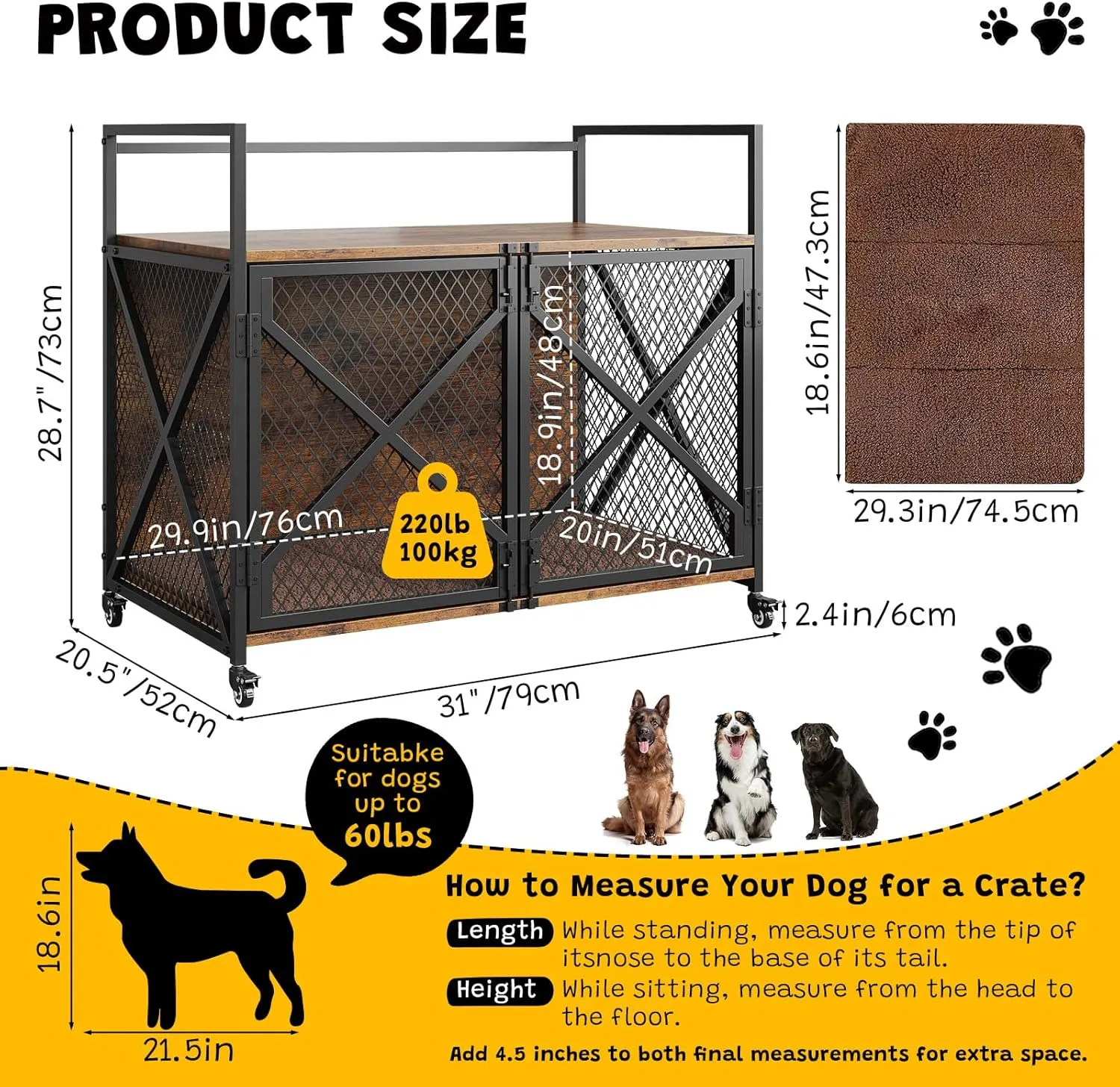 31 Inch Dog Crate Furniture, Heavy Duty Dog Kennel Table with 360 Swivel Wheels, Double Doors, 4 Latches, Vintage Farmhouse Dog House End Table for Large, Medium and Small Dogs, Brown