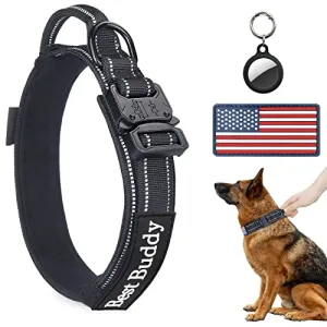 AUBELL Tactical Dog Collar and Leash Set, Adjustable Military Nylon Reflective Dog Leash and Collar with Handle and Heavy Metal Buckle for Medium Large Dogs, with Airtag Case and 2 Patches(Yellow, L)