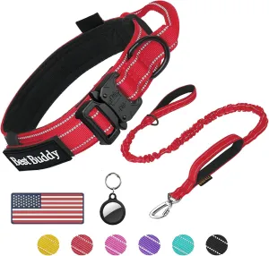AUBELL Tactical Dog Collar and Leash Set, Reflective Adjustable Heavy Duty Military K9 Collars with Handle and Metal Buckle for Large Dogs, with Airtag Case and 2 Patches(Red,L)