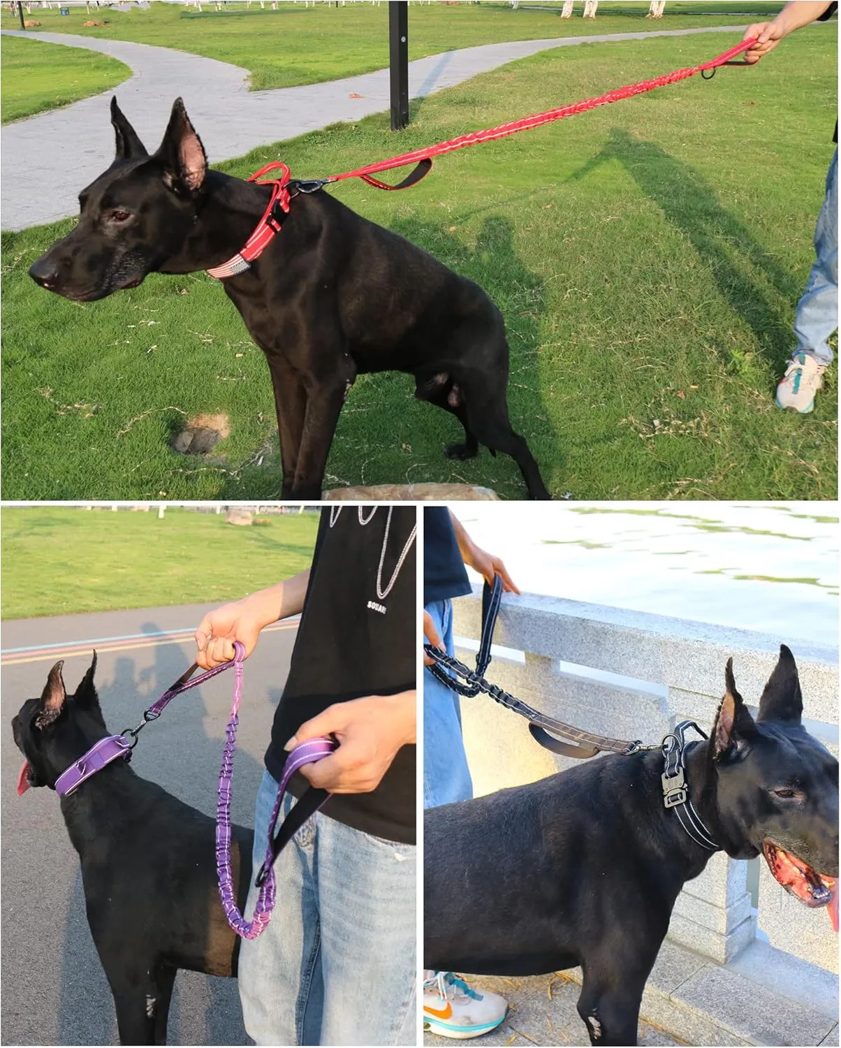 AUBELL Tactical Dog Collar and Leash Set, Reflective Adjustable Heavy Duty Military K9 Collars with Handle and Metal Buckle for Large Dogs, with Airtag Case and 2 Patches(Red,L)