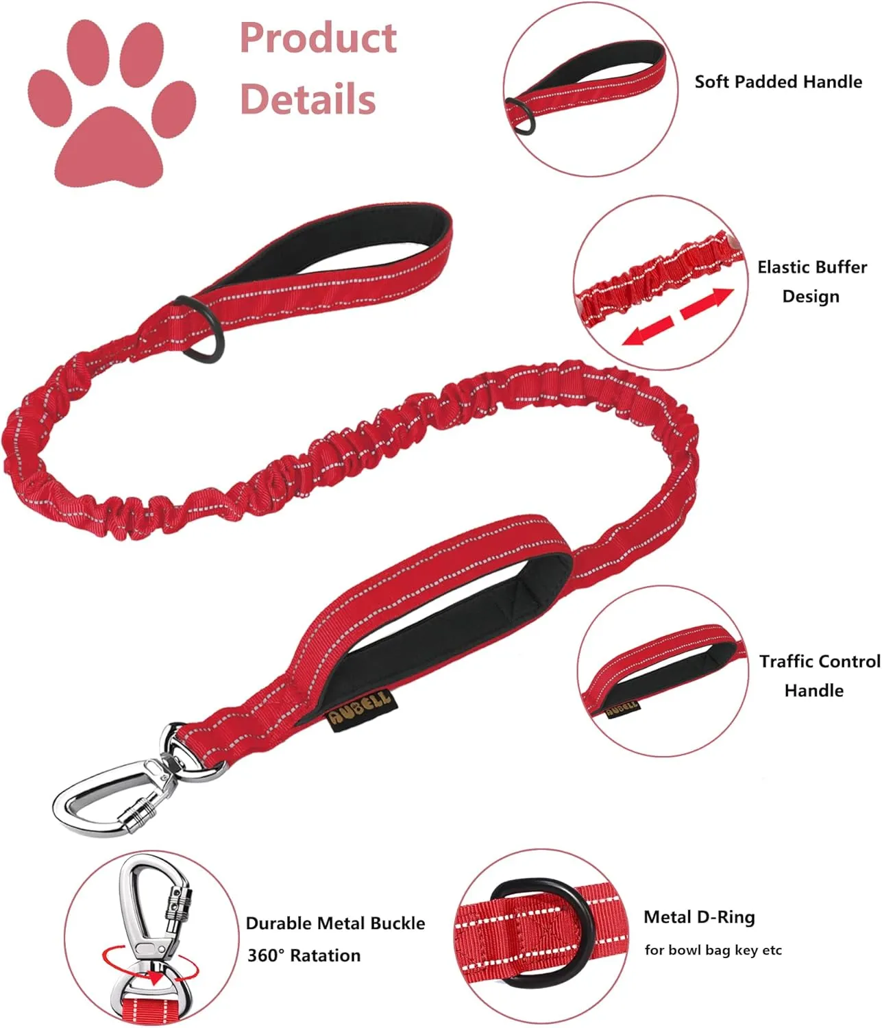 AUBELL Tactical Dog Collar and Leash Set, Reflective Adjustable Heavy Duty Military K9 Collars with Handle and Metal Buckle for Large Dogs, with Airtag Case and 2 Patches(Red,L)