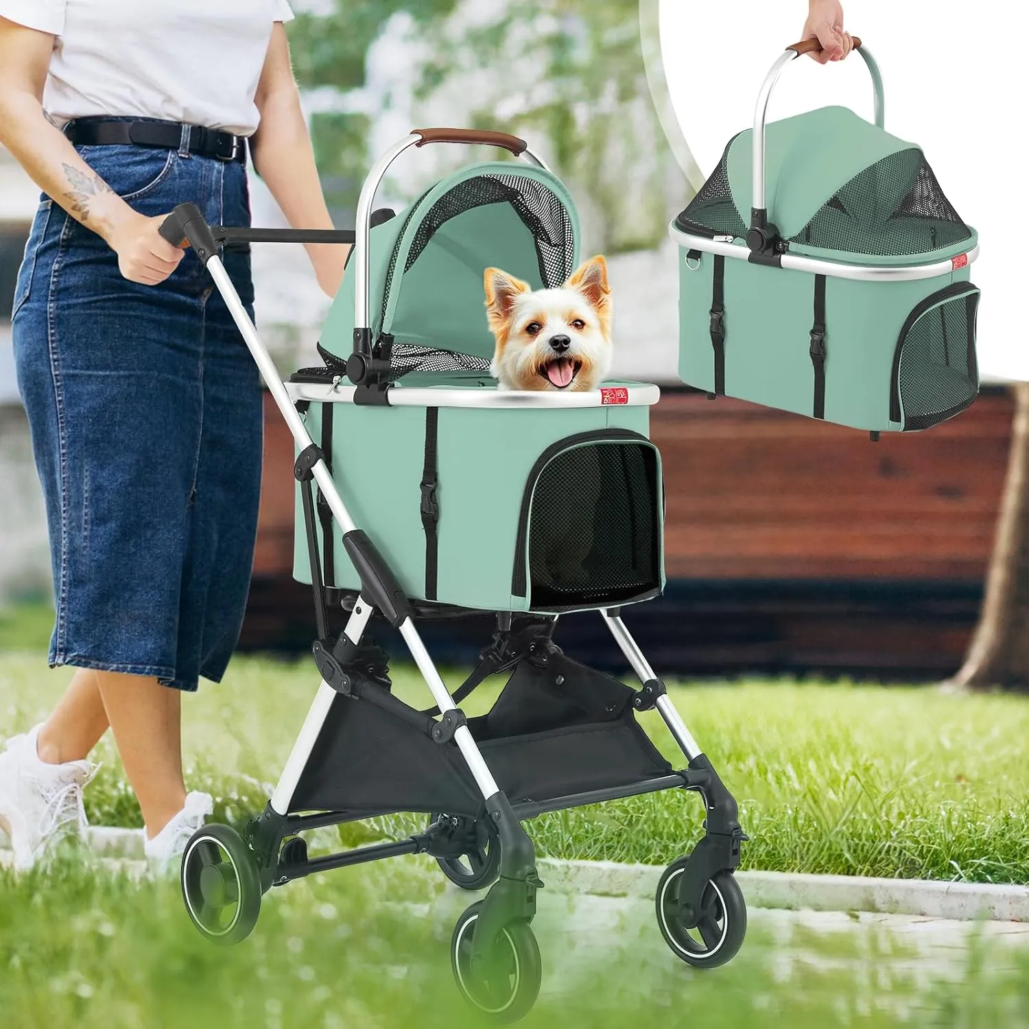 Detachable Pet Stroller for Small Dogs 10lbs, Dog Stroller with Detachable Basket Carrier, Movable Cat Stroller for 1 Cat Kitten Foldable Stroller Aluminum Frame, Multi-Angle Handle, Mint Green