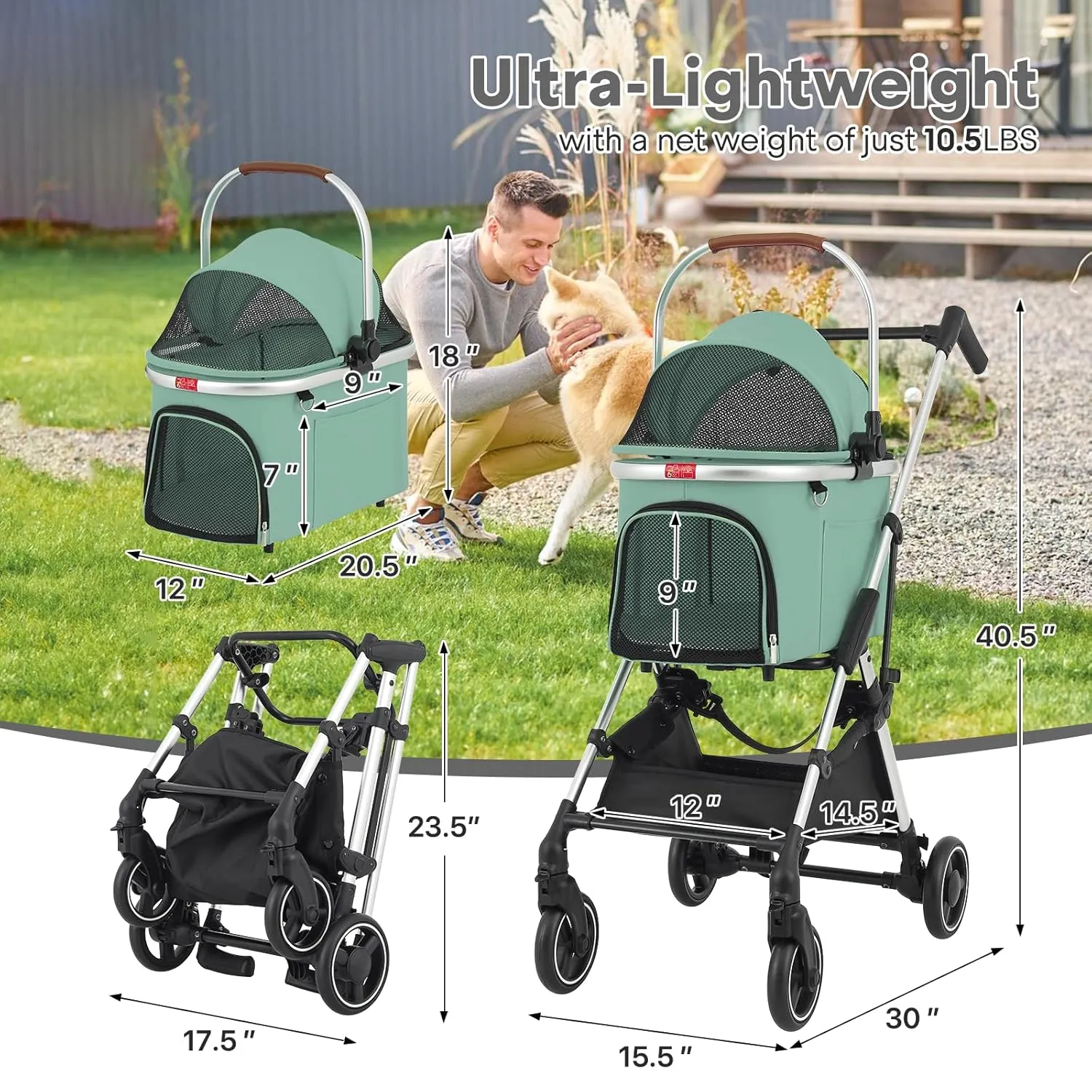Detachable Pet Stroller for Small Dogs 10lbs, Dog Stroller with Detachable Basket Carrier, Movable Cat Stroller for 1 Cat Kitten Foldable Stroller Aluminum Frame, Multi-Angle Handle, Mint Green