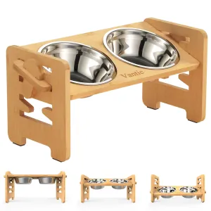 Elevated Dog Bowls-Adjustable Raised Dog Bowls with Stand for Small Size Dogs and Cats, Sturdy Bamboo Dog Feeder with 2 Stainless Steel Bowls and Non-Slip Feet