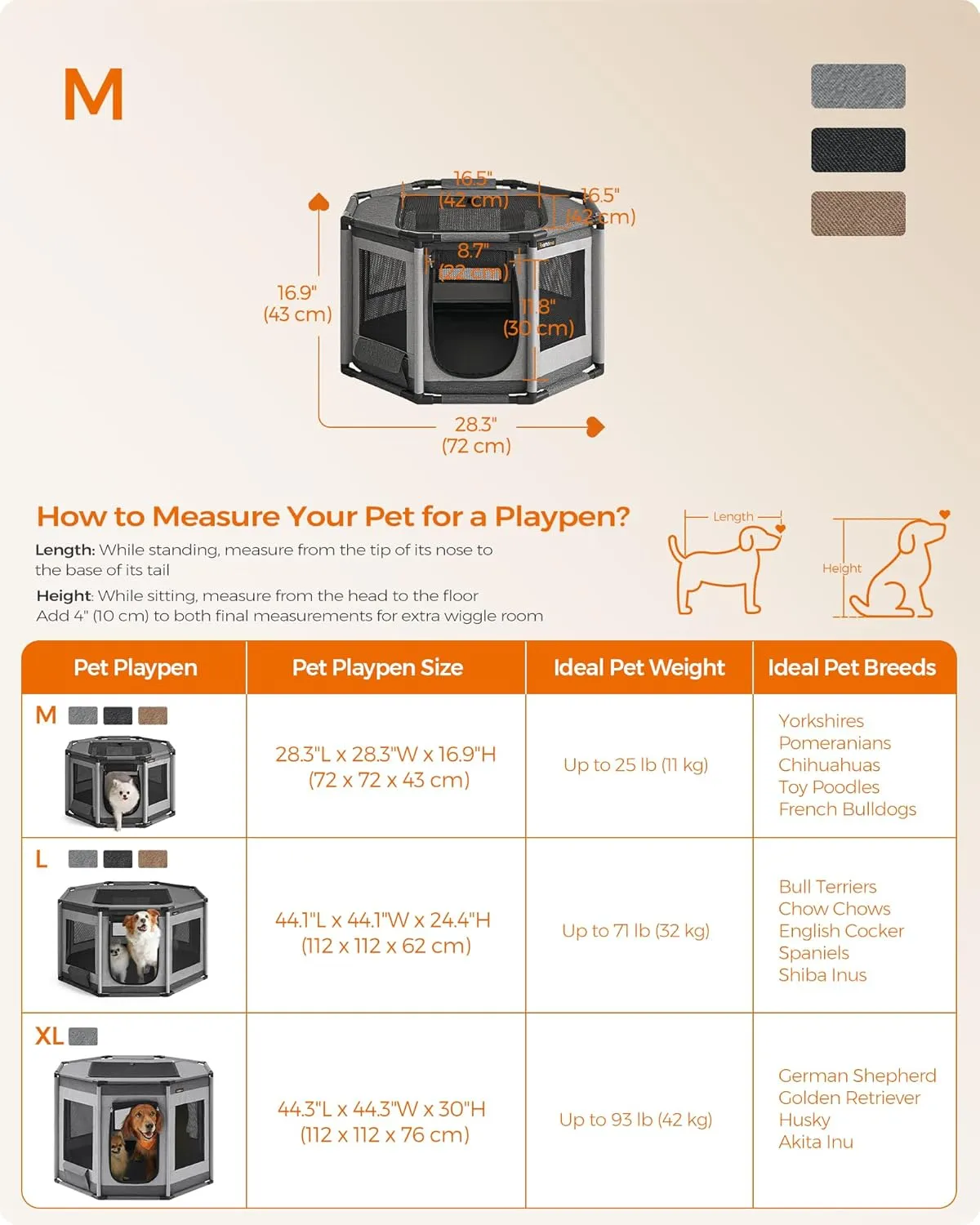 Feandrea Dog Playpen, Oxford Fabric Dog Fence, Octagon Dog Crate, M, 28.3 x 28.3 x 16.9 Inches, PVC Pipe Frame, Breathable Mesh, Double Openings, Dove Gray and Slate Gray UPDC002G01