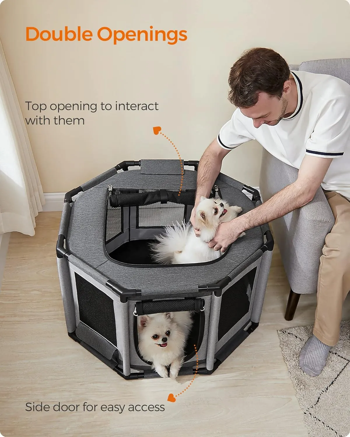 Feandrea Dog Playpen, Oxford Fabric Dog Fence, Octagon Dog Crate, M, 28.3 x 28.3 x 16.9 Inches, PVC Pipe Frame, Breathable Mesh, Double Openings, Dove Gray and Slate Gray UPDC002G01