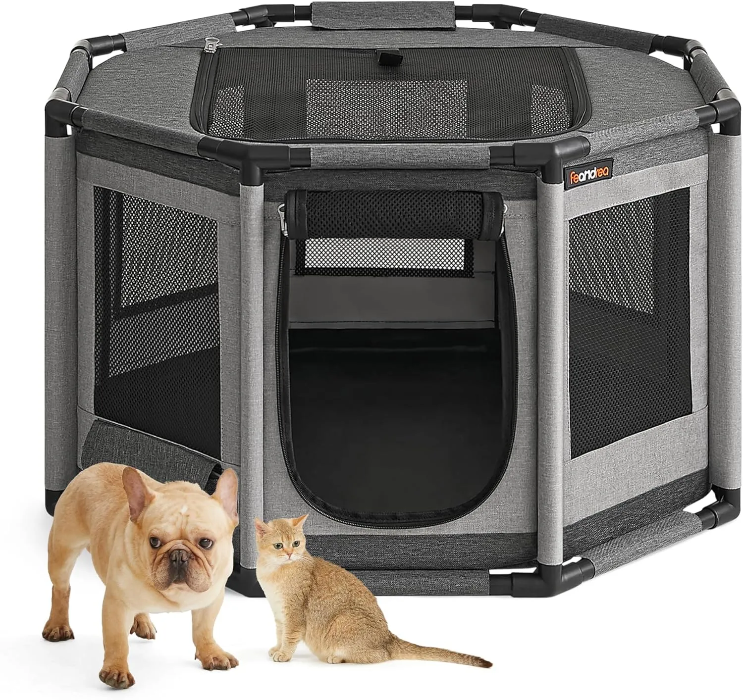 Feandrea Dog Playpen, Oxford Fabric Dog Fence, Octagon Dog Crate, M, 28.3 x 28.3 x 16.9 Inches, PVC Pipe Frame, Breathable Mesh, Double Openings, Dove Gray and Slate Gray UPDC002G01