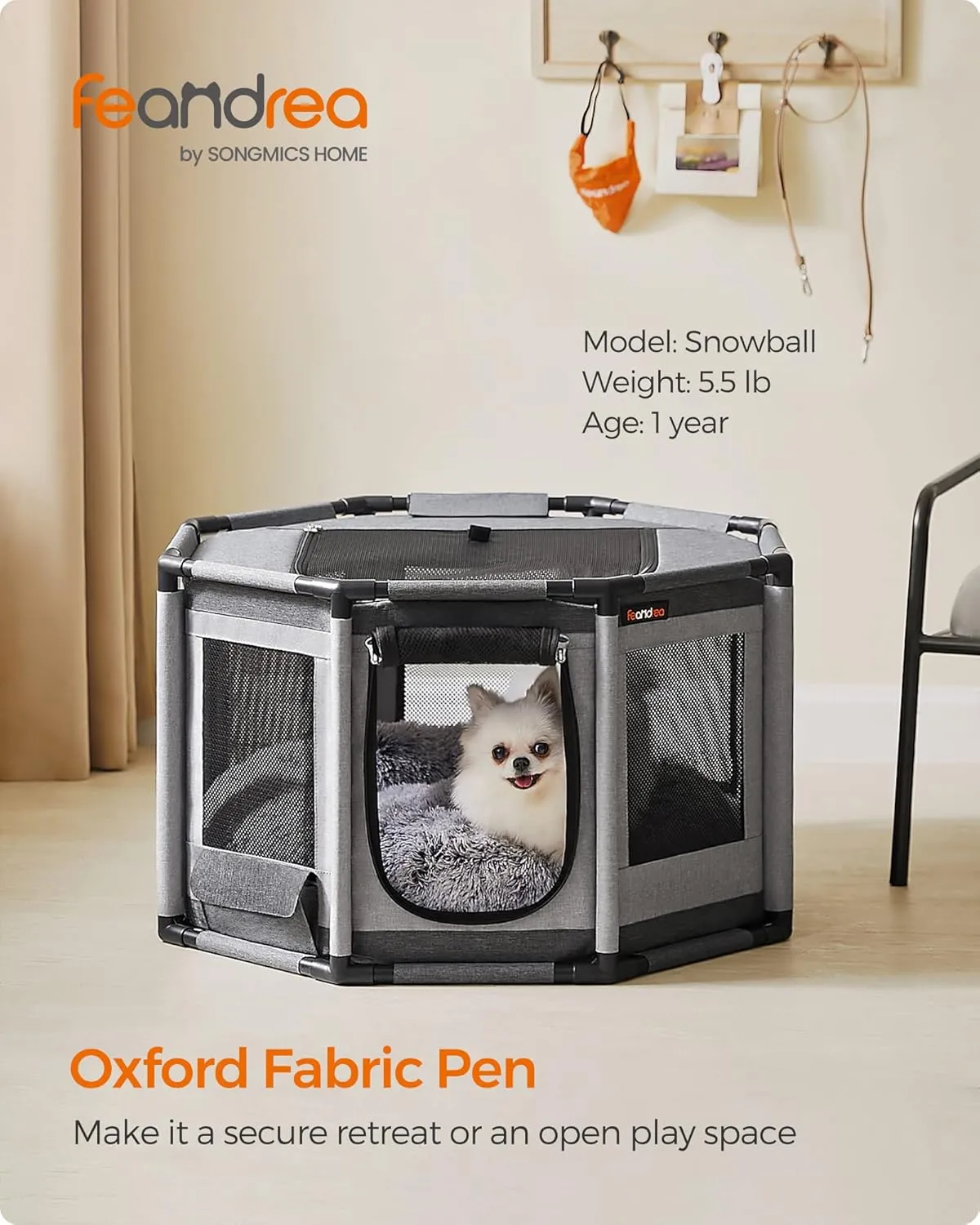 Feandrea Dog Playpen, Oxford Fabric Dog Fence, Octagon Dog Crate, M, 28.3 x 28.3 x 16.9 Inches, PVC Pipe Frame, Breathable Mesh, Double Openings, Dove Gray and Slate Gray UPDC002G01