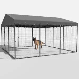 Large Outdoor Dog Kennel,W 118" x D 118" x H 70" Heavy Duty Dog Cage with Roof,Dog Playpen Galvanized Steel Dog Fence with Double Safety Locks,UV & Water Resistant Proof Cover