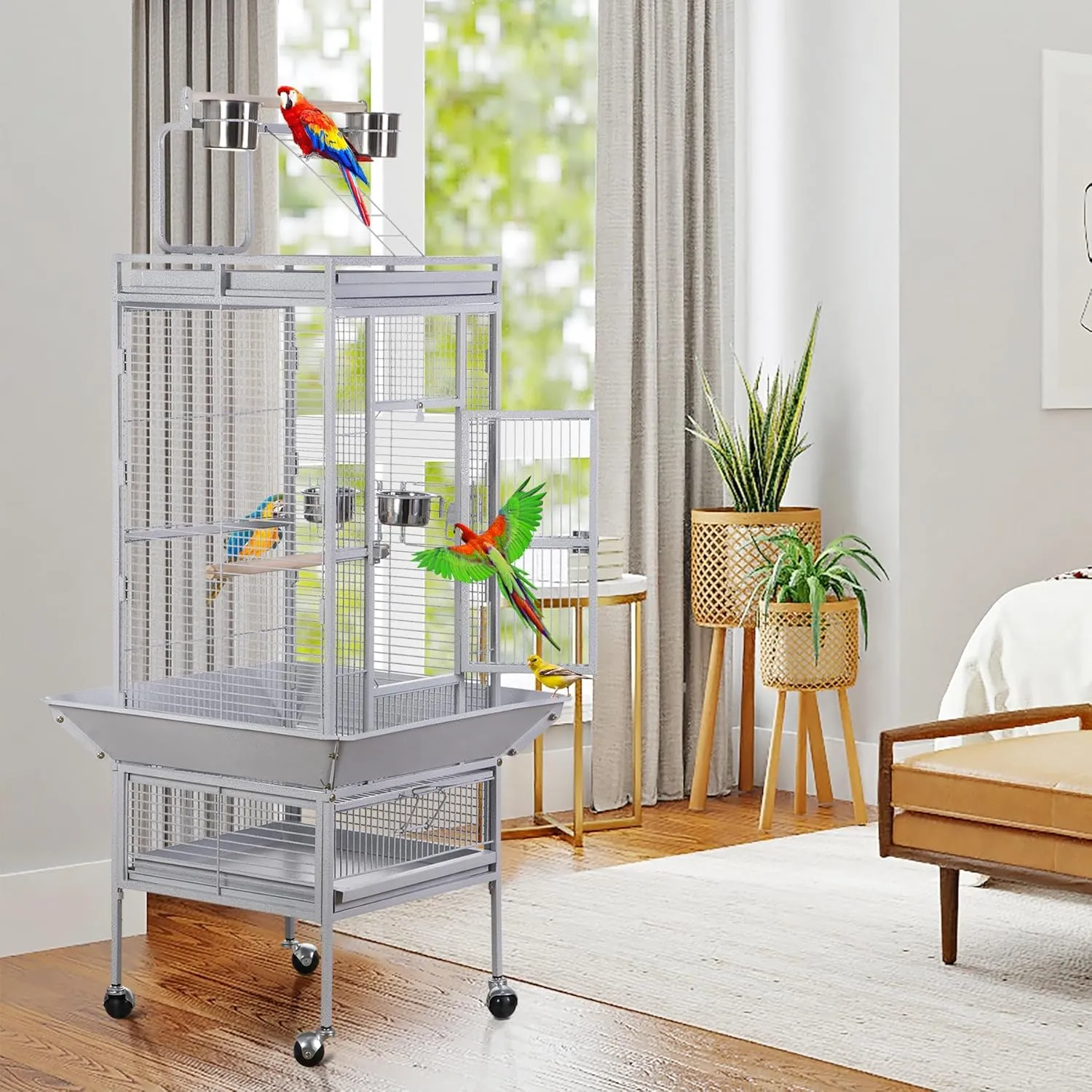 LEMY 61 Inch Iron Birdcage, Small Bird Cage with Play Top and Rolling Stand for Parakeets, Parrot, Lovebirds, Pet House Indoor&Outdoor Use