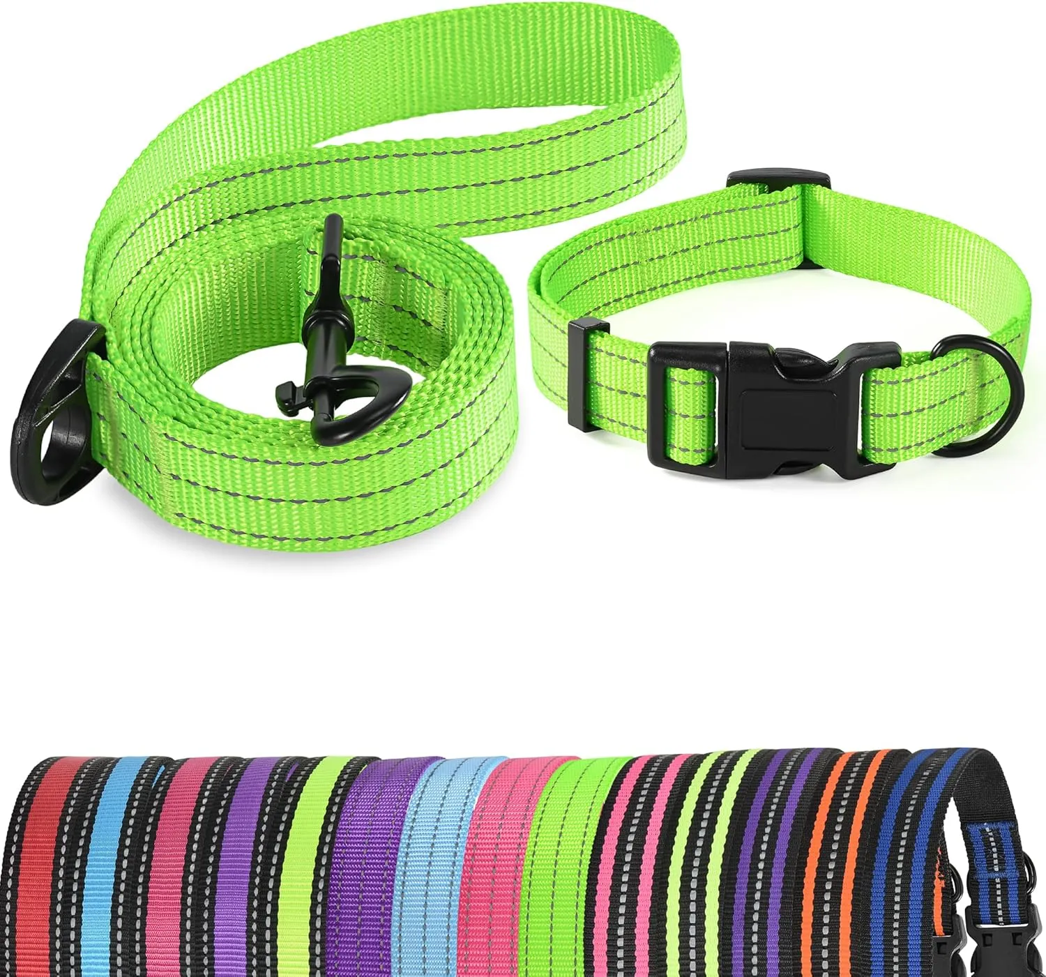 Mile High Life | Reflective Dog Collar & Leash (Solid Limegreen, Medium)