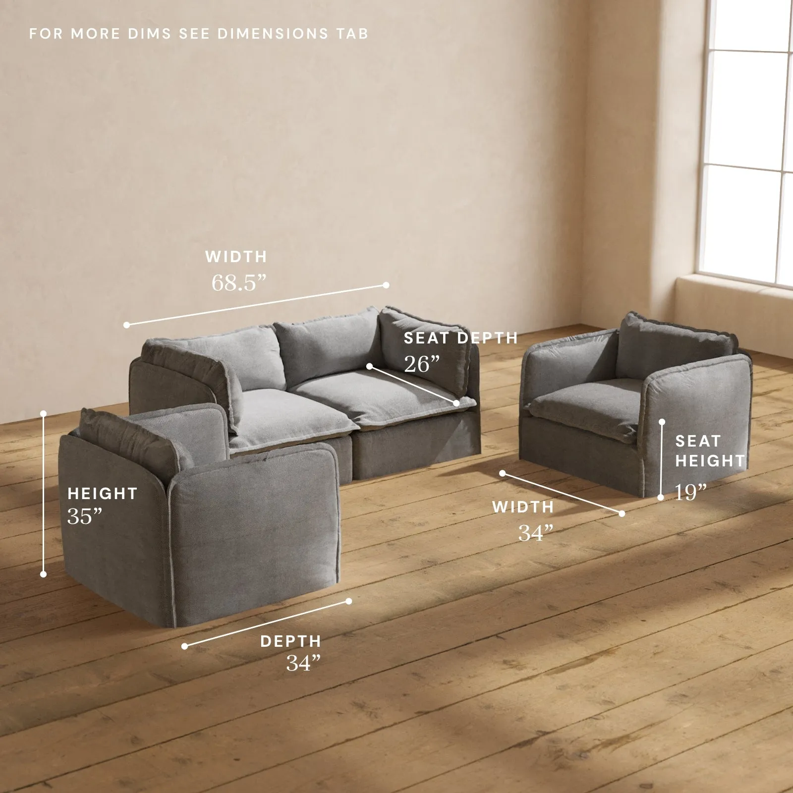 Modular Performance 2-Seater Sofa   Armchair Set in Ash | Relaxed Blend