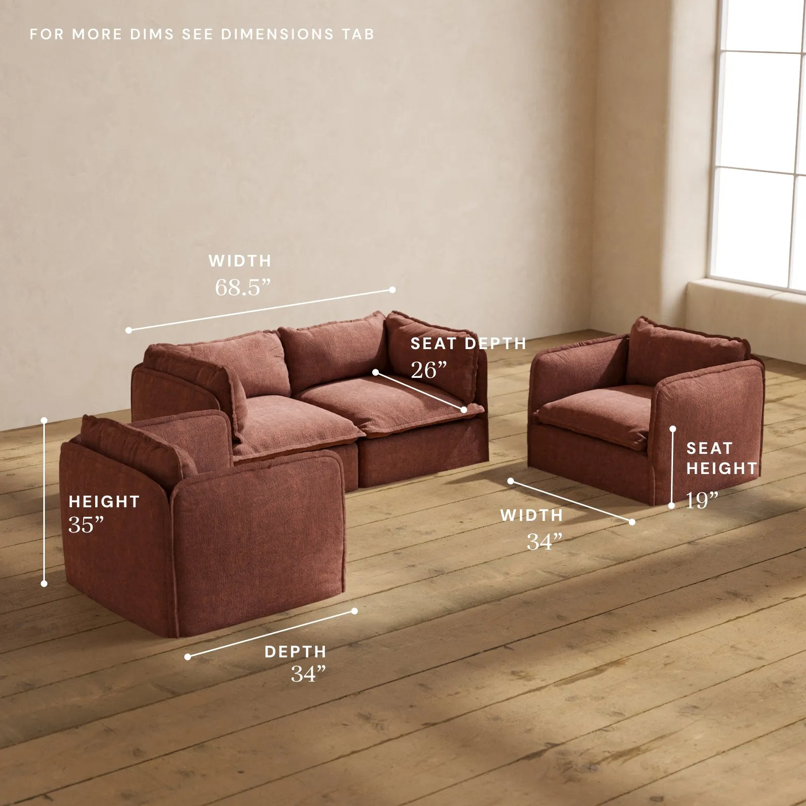 Modular Performance 2-Seater Sofa   Armchair Set in Chestnut | Relaxed Blend