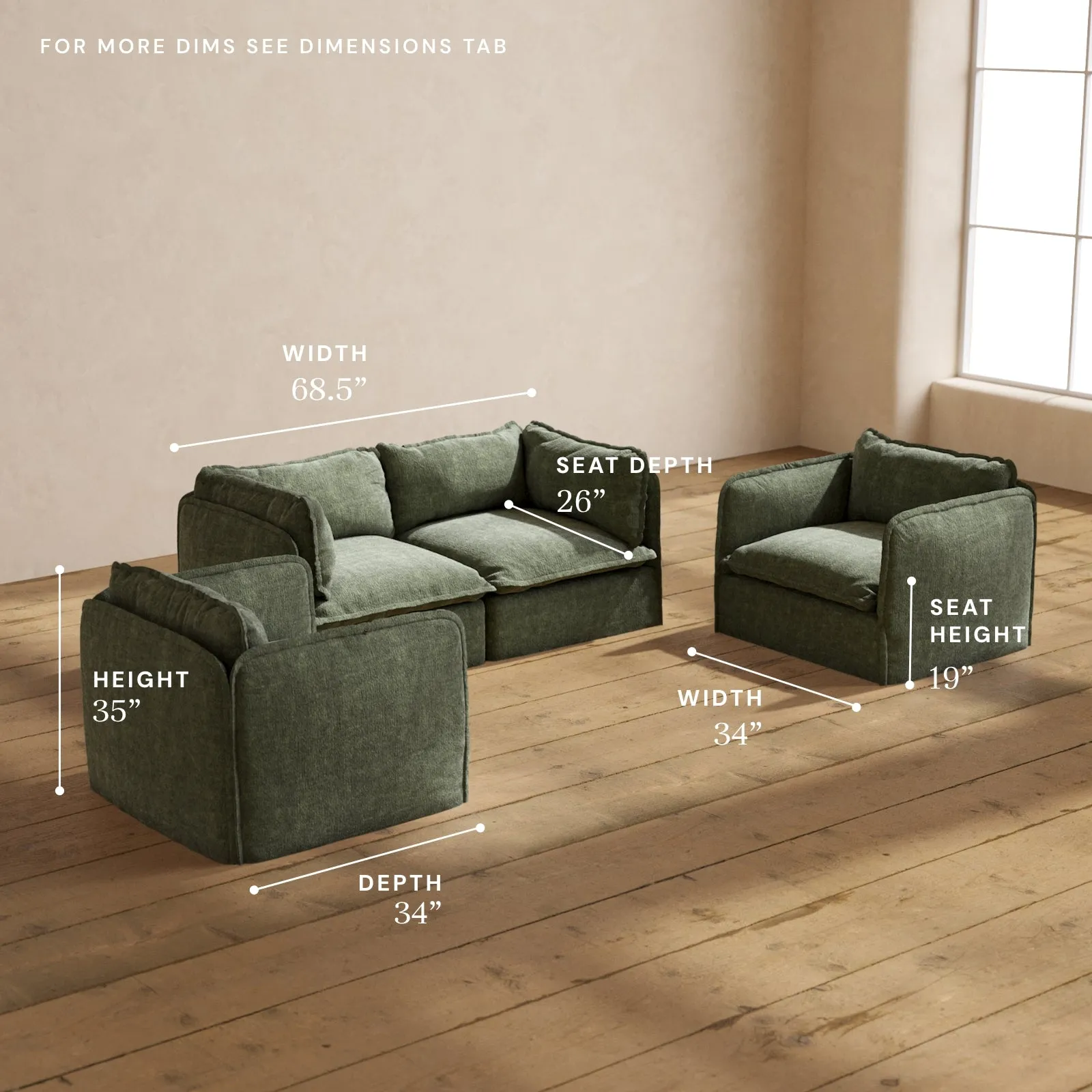 Modular Performance 2-Seater Sofa   Armchair Set in Willow | Relaxed Blend