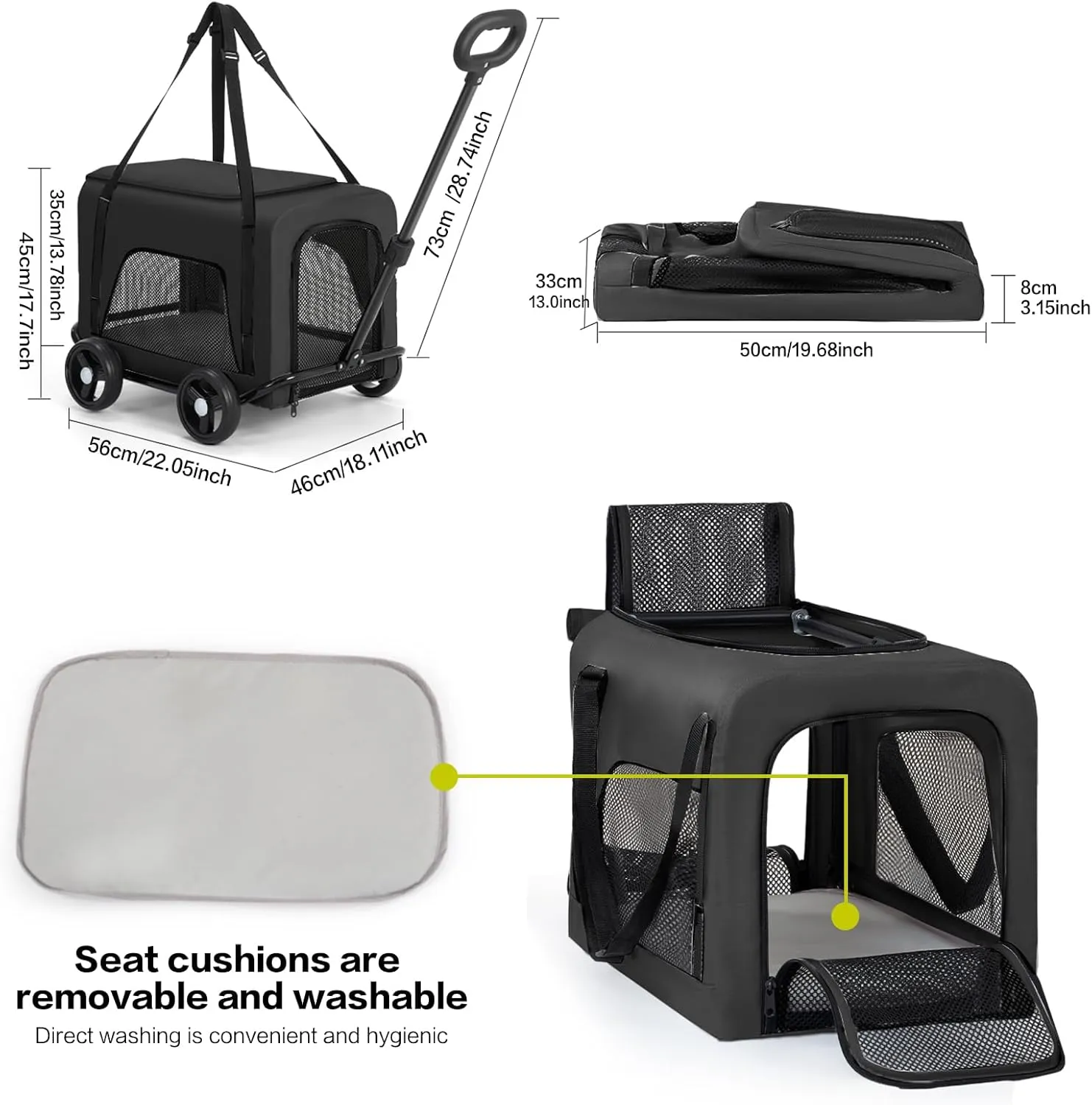 Pet Stroller 4 Wheels - Easy-Fold Dog Cat Stroller for Small Medium Dog Cats Carrier, Travel Folding Carrier Breathable and Visible Mesh with Cup HolderBlack