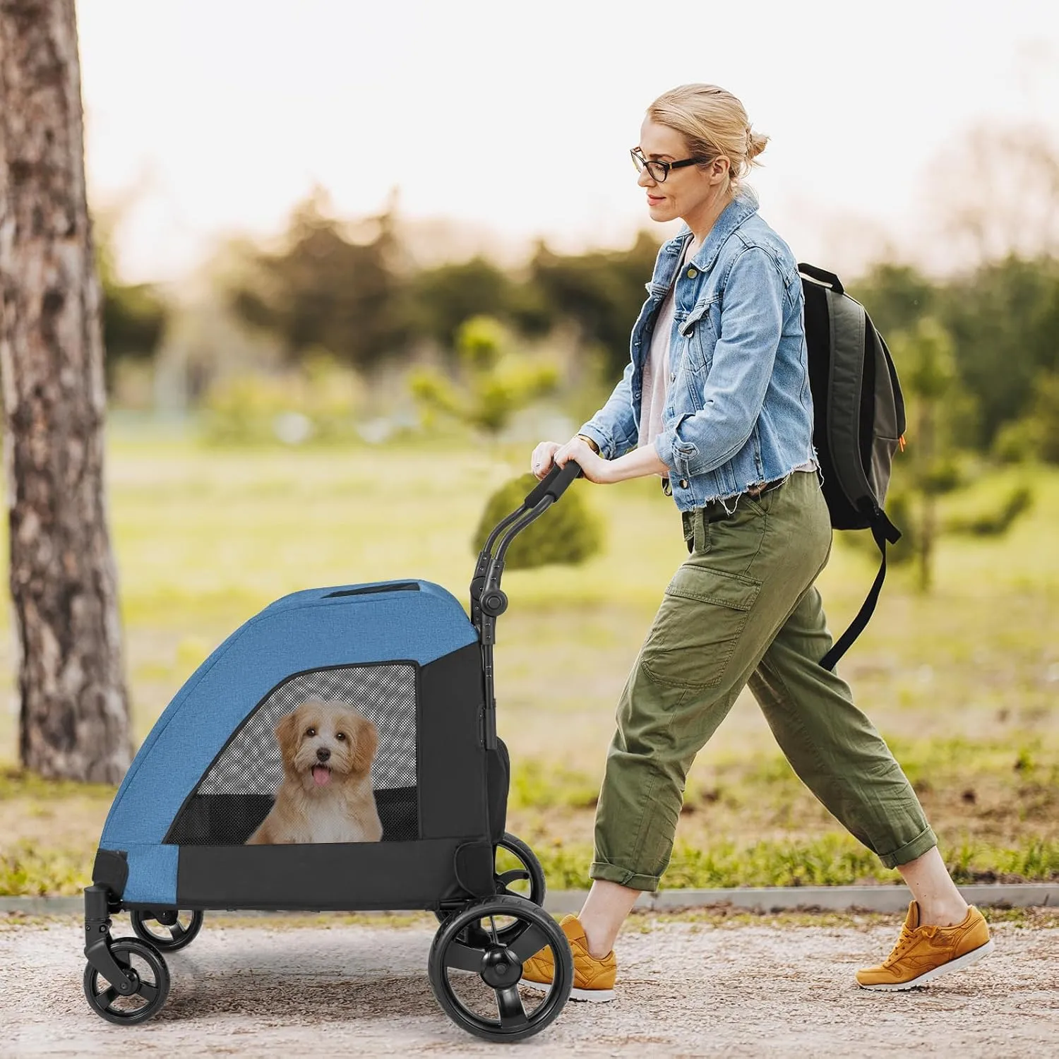 PETSITE Large Dog Stroller, Foldable Pet Stroller with Safety Belt, Adjustable Handle, Breathable Mesh & Removable Pad, 4 Wheels Dog Jogging Carriage Travel Cart up to 132 lbs (Blue)