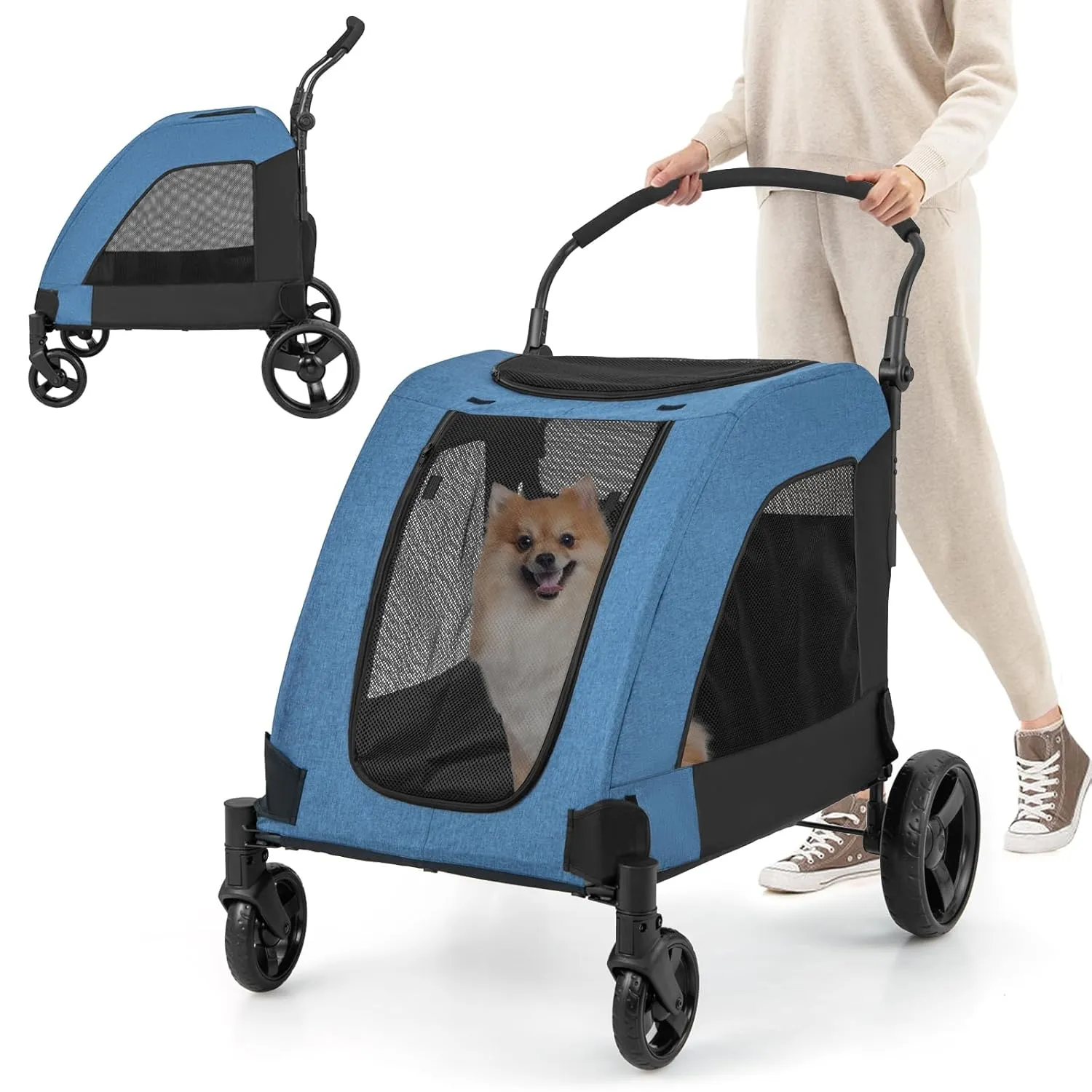 PETSITE Large Dog Stroller, Foldable Pet Stroller with Safety Belt, Adjustable Handle, Breathable Mesh & Removable Pad, 4 Wheels Dog Jogging Carriage Travel Cart up to 132 lbs (Blue)
