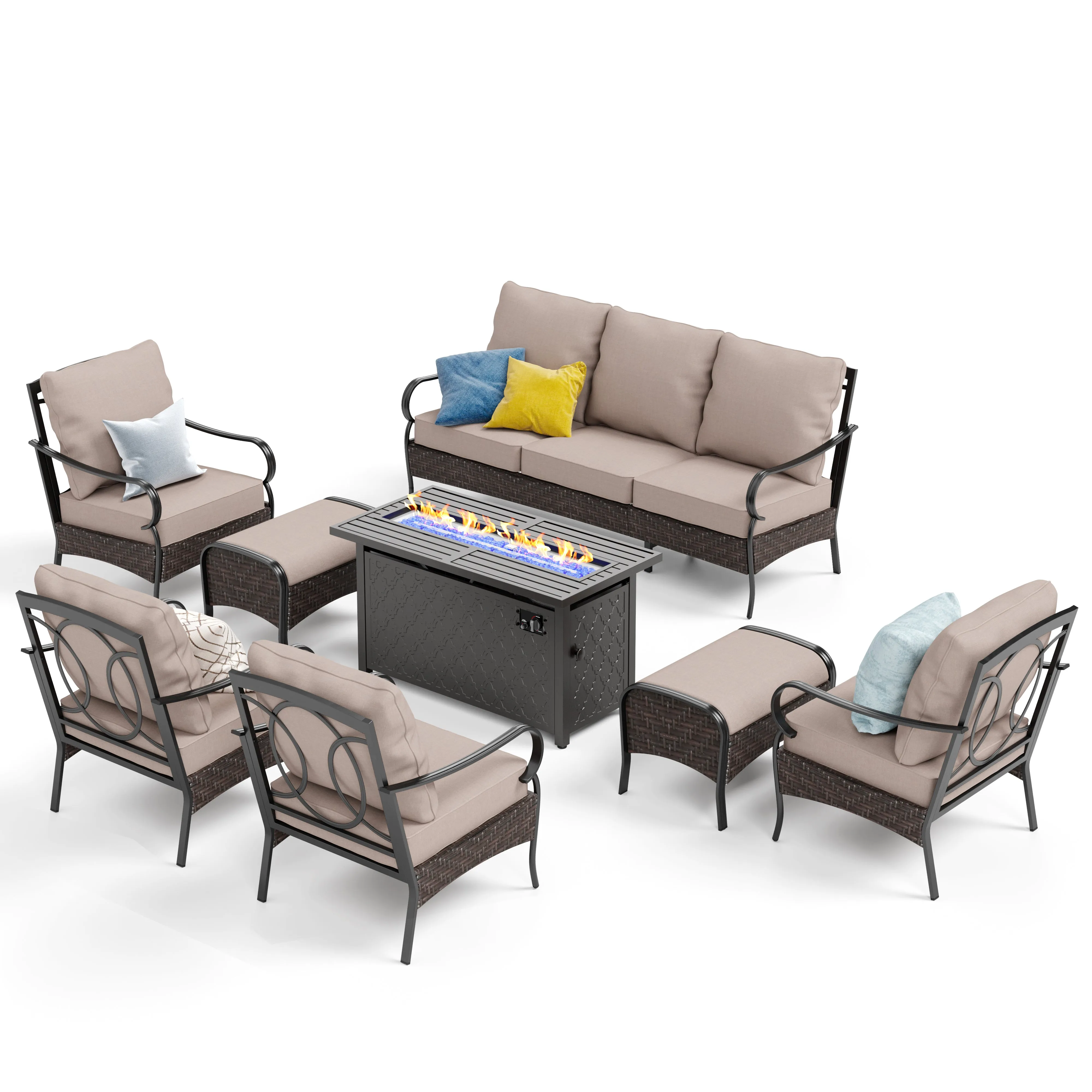 Phi Villa 9-Seat Outdoor Steel & Rattan Conversation Sofa Set With Leather Grain Fire Pit Table