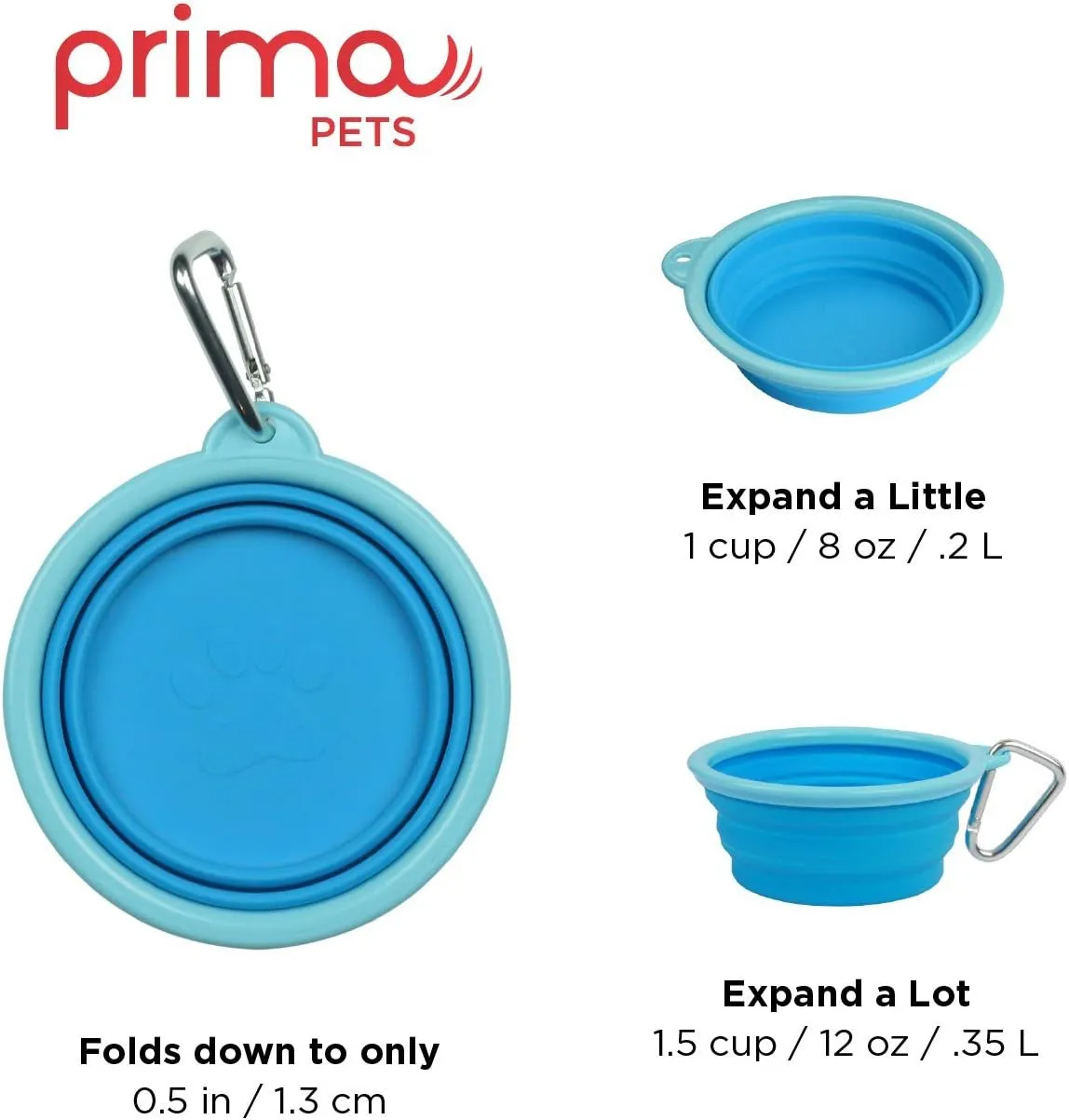 Prima Pet Expandable/ Collapsible Silicone Food & Water Travel Bowl with Clip for Small & Medium Dog and Cat, Size: 1.5 Cups (5.1 Inch Diameter Bowl) (AQUA)