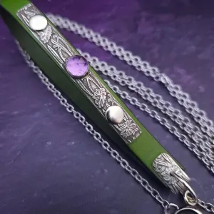 READY TO SHIP, PET LEASH for Submissive, Sterling Silver, Green Leather and Amethyst, One of A Kind