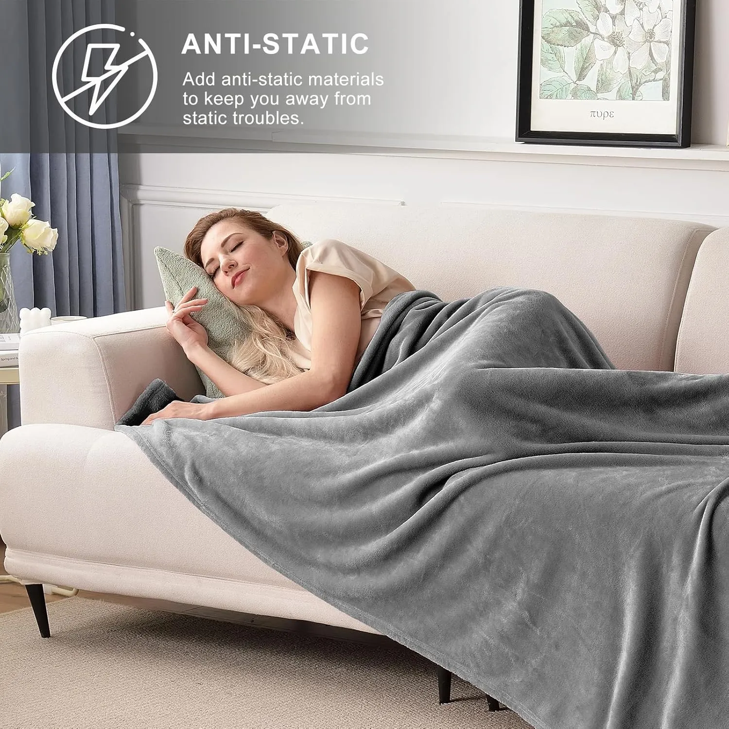 SOCHOW Flannel Fleece Throw Blanket, 340 GSM All Season Super Soft Cozy Blanket for Bed, Sofa or Couch, Grey, 50x70 inches